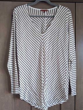 Striped Long-Sleeve V-Neck Tee in Brown and White